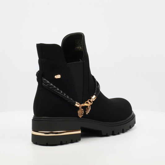 Women’s Miss Black Bootie with Braided Chain and Leaf Charms