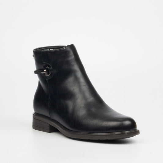 Stylish Black Ankle Boots for Women by Miss Black – Faux leather design with a 3cm heel and elegant diamante strap detail.