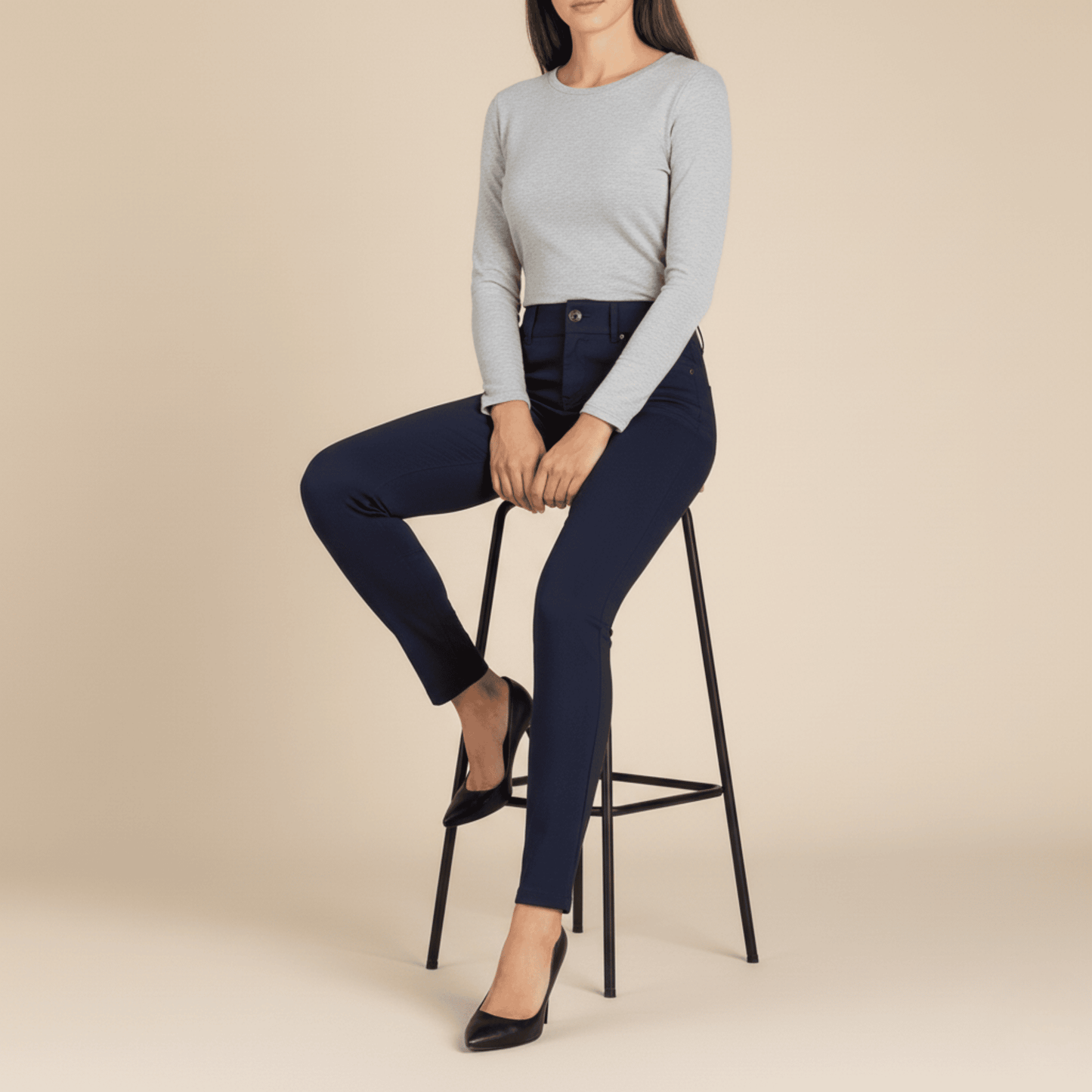 Women's tailored navy Sissy Boy work pants, slim fit skinny design, chic office outfit essential