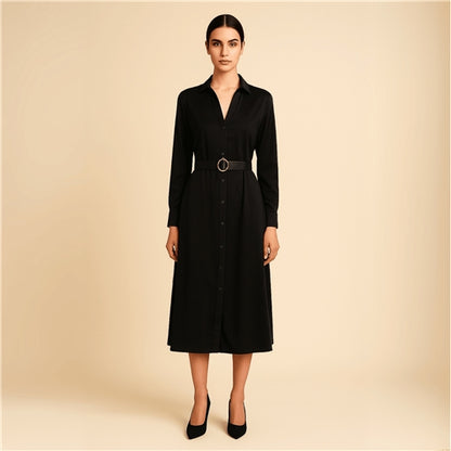 Black maxi dress with buttons and belt, long-sleeve collared shirt dress by Modern Dynasty
