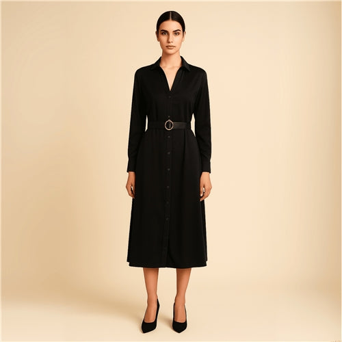 Black maxi dress with buttons and belt, long-sleeve collared shirt dress by Modern Dynasty