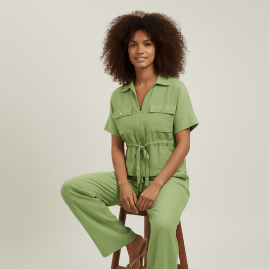 Modern Dynasty women’s Luxe Lounge Set 1 in pistachio green two-piece outfit