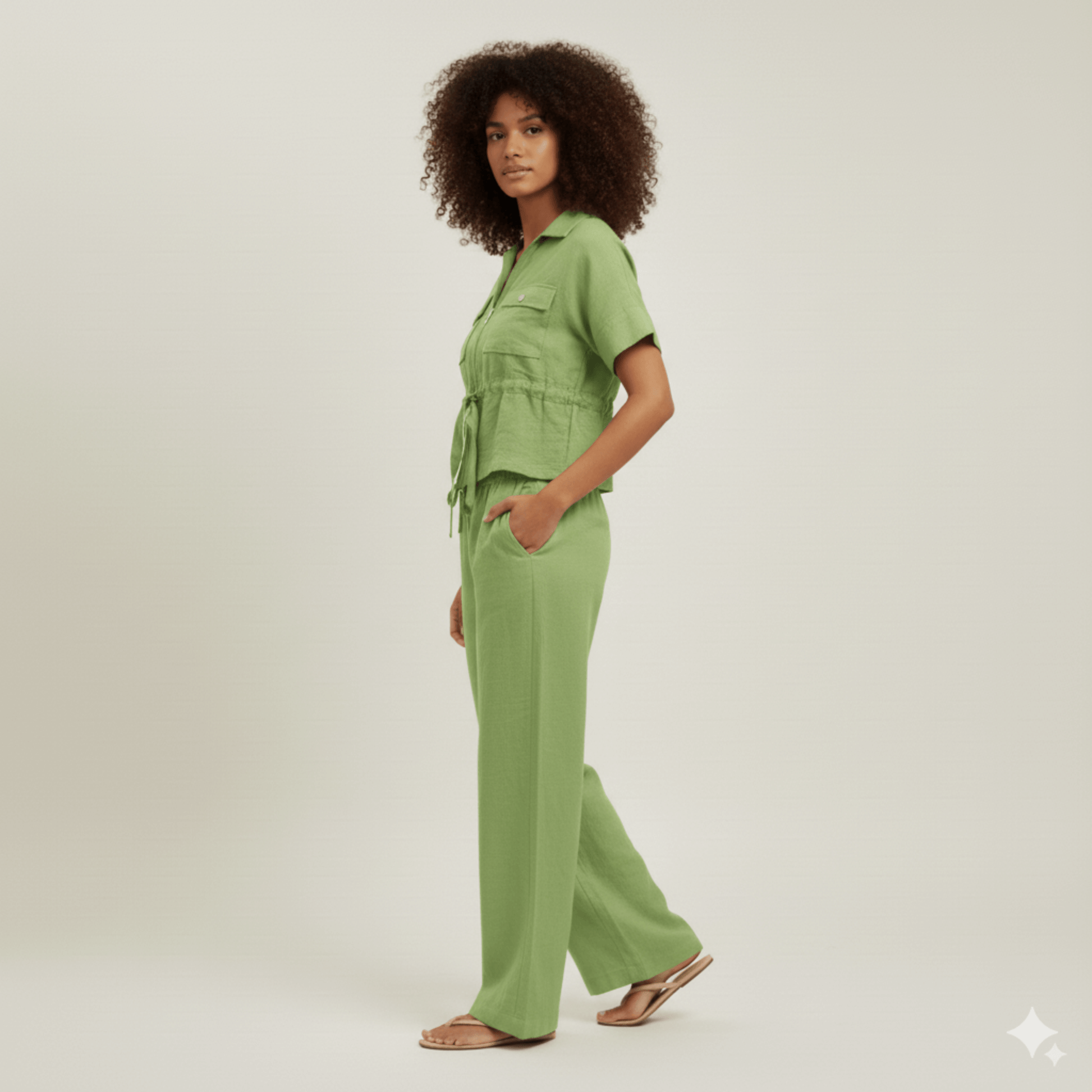 Modern Dynasty pistachio green Luxe Lounge Set 1 short-sleeve top and wide-leg pants