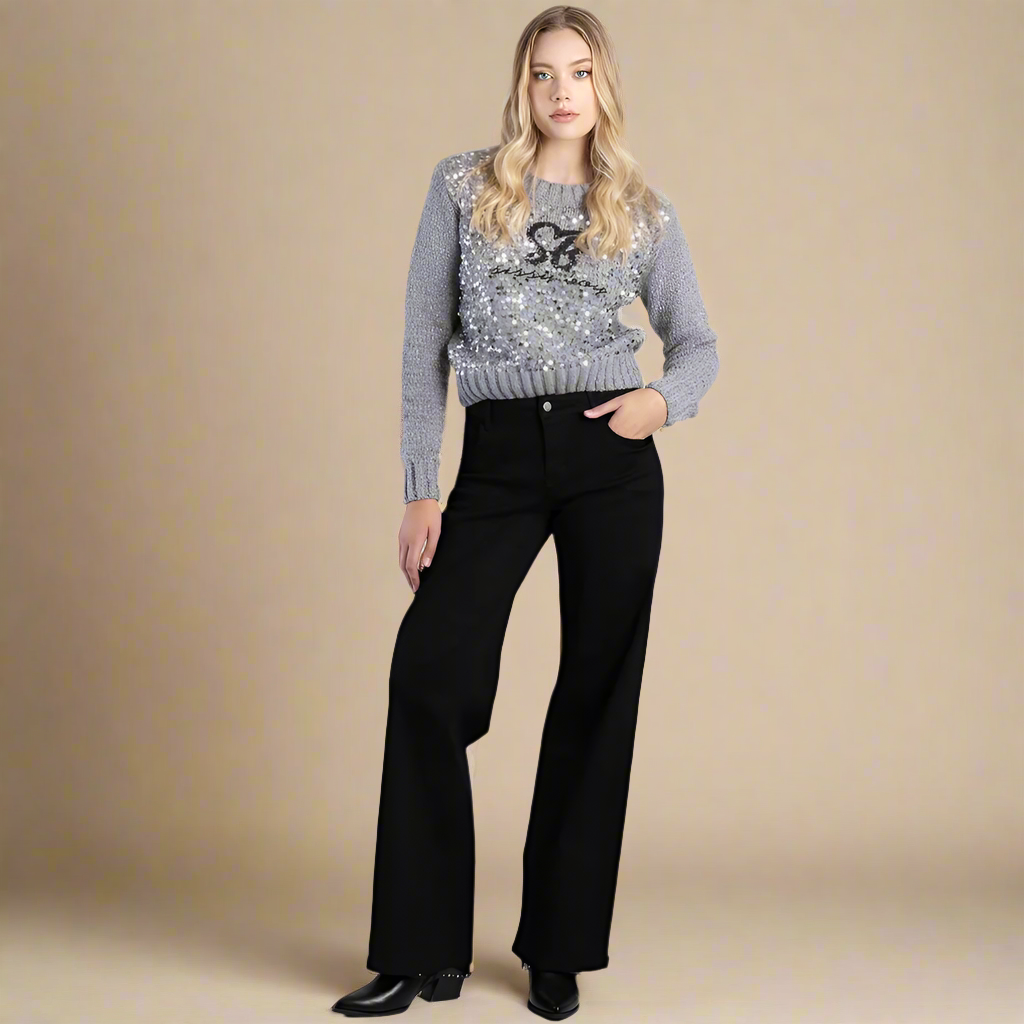 Neutral Babe - Grey Sequin Logo Knit Sweater