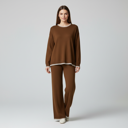 Rust knitted co-ord set with wide leg pants and crew neck sweater
