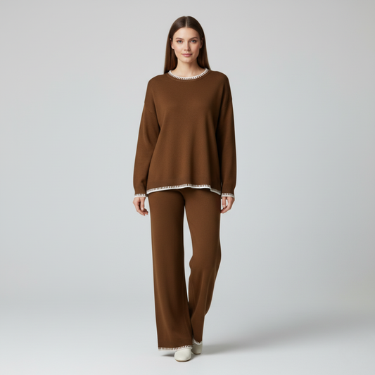 Rust knitted co-ord set with wide leg pants and crew neck sweater