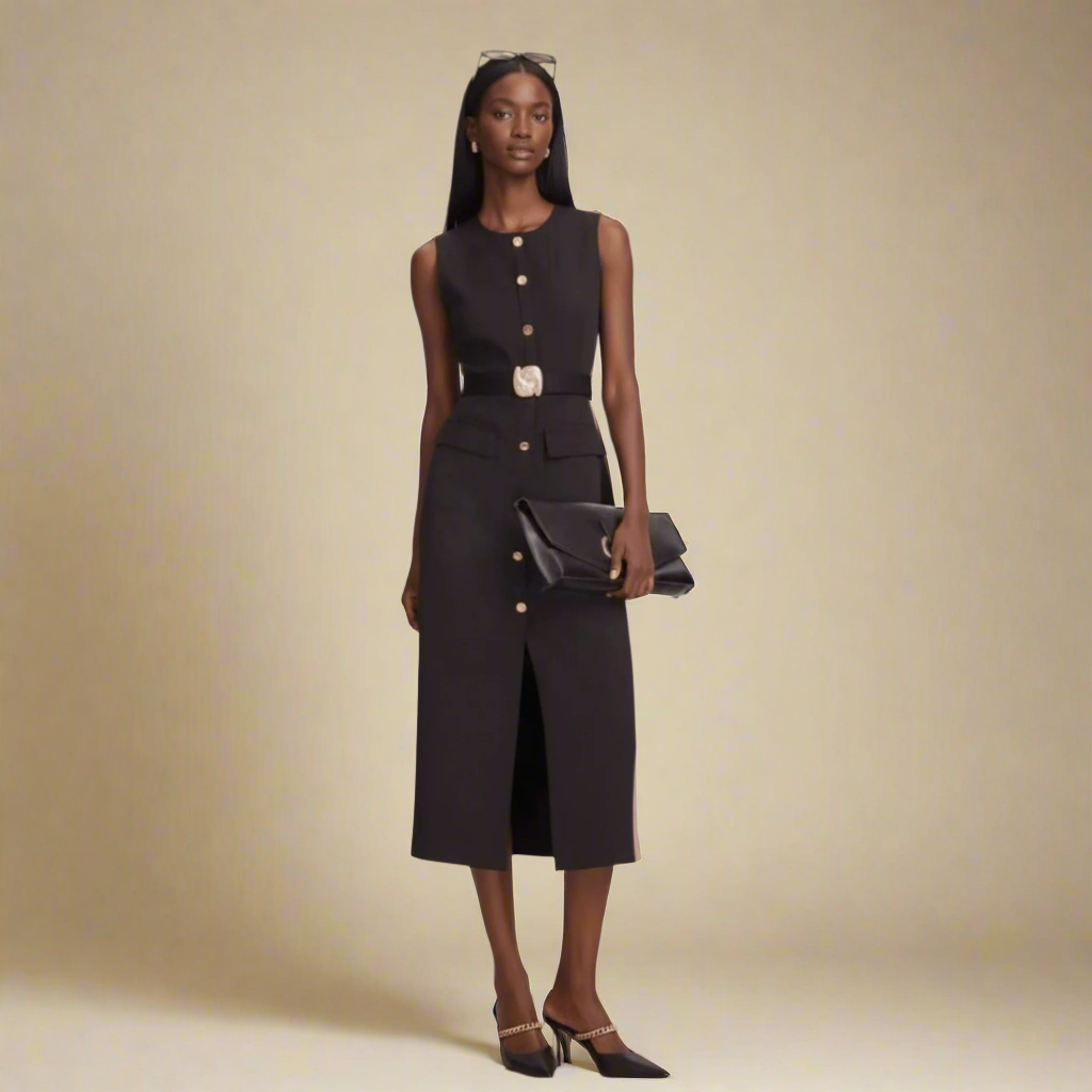 Modern Dynasty Sandy Black Maxi Dress with gold button detailing and belt