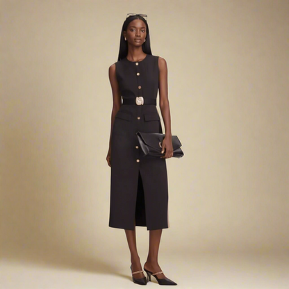 Modern Dynasty Sandy Black Maxi Dress with gold button detailing and belt