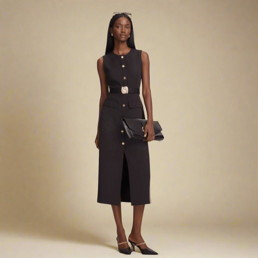 Modern Dynasty Sandy Black Maxi Dress with gold button detailing and belt