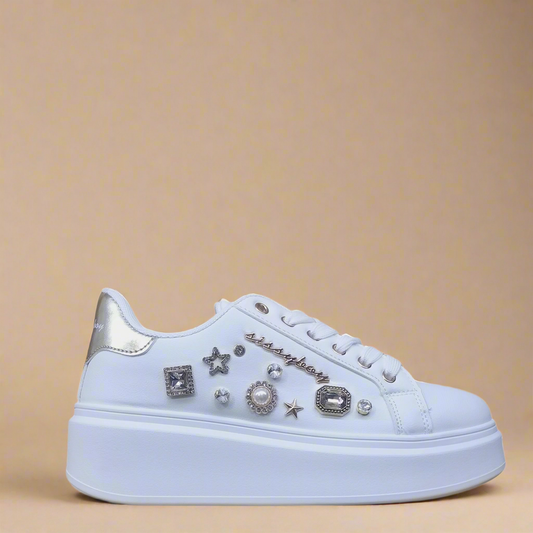 Gemy white platform sneaker with gem and metallic detail by Sissy Boy