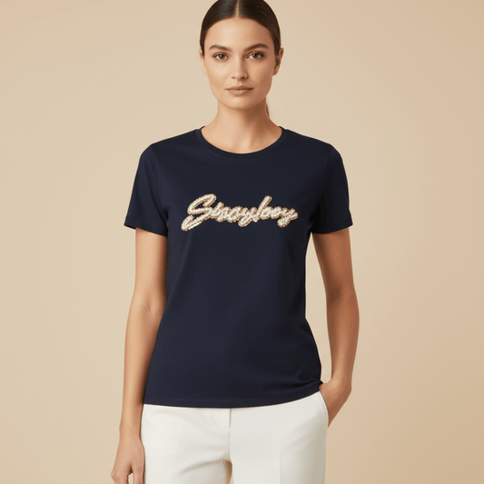 Sissy Boy Love And Beloved navy t-shirt with gold sequin logo and pearls