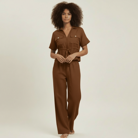 Modern Dynasty Luxe Lounge Set 1 in brown women’s matching zip-front top and wide-leg pants