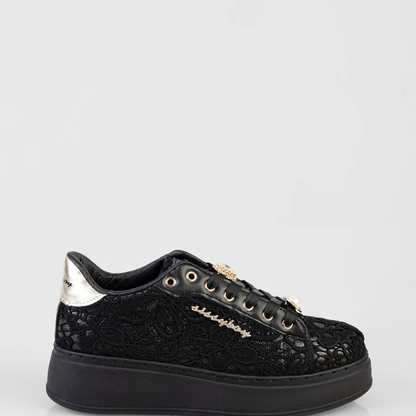 Sissy Boy Yvette black platform sneaker with lace-inspired textured upper