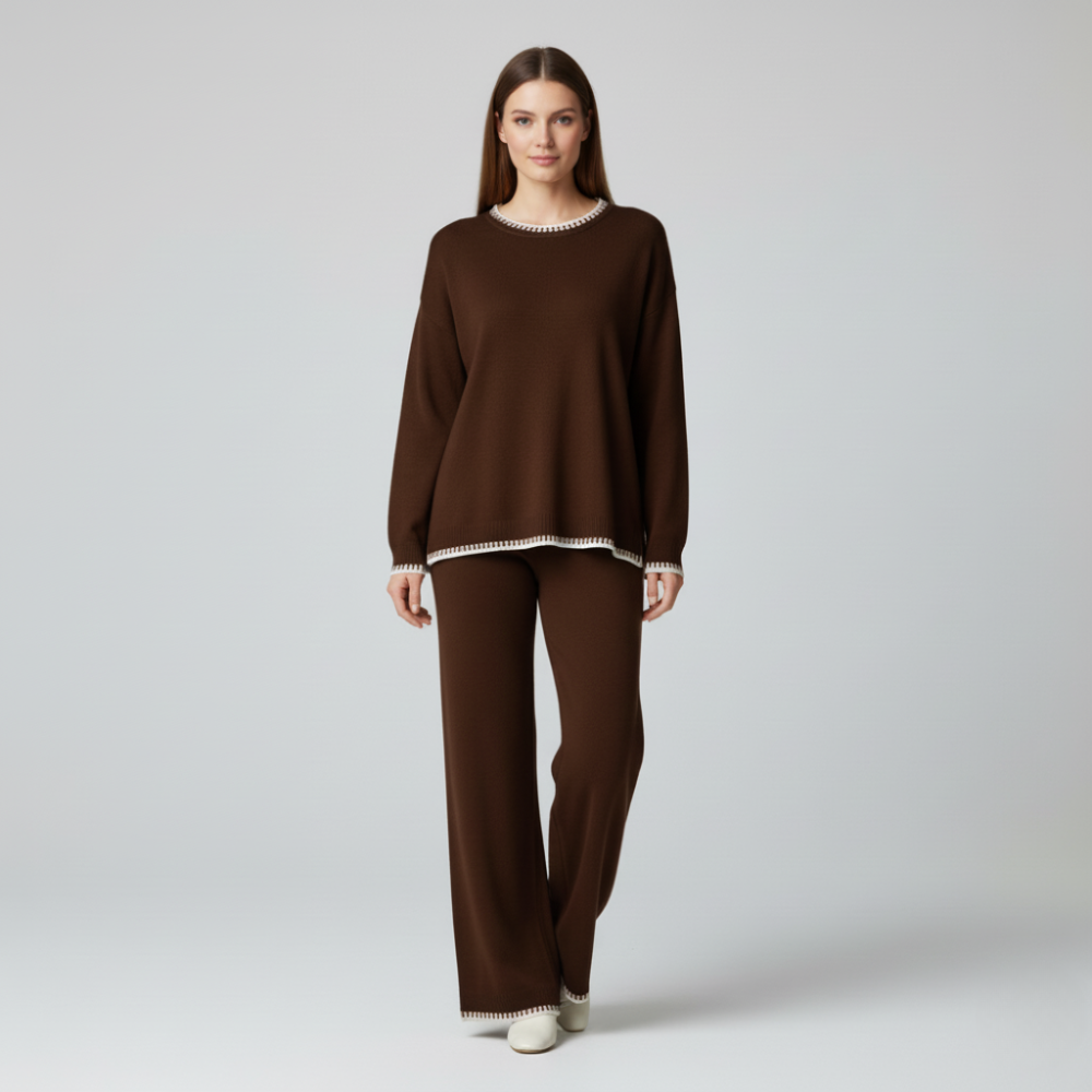 Dark brown knitted co-ord set with wide leg pants and sweater