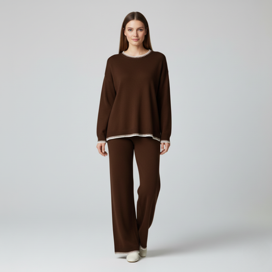Dark brown knitted co-ord set with wide leg pants and sweater