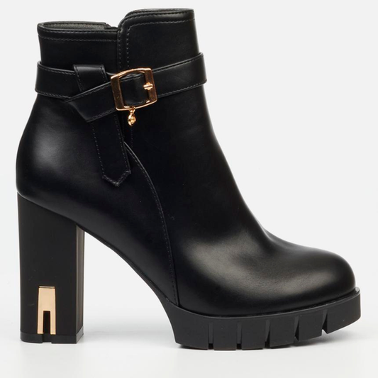 Miss Black Darling 3 black ankle boot with gold buckle detail