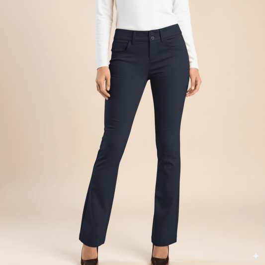 Women’s navy bootleg trousers by Sissy Boy, mid-rise fit with front and back pockets