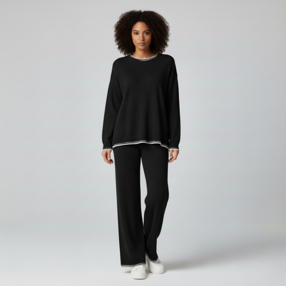 Black knitted co-ord set with white trim