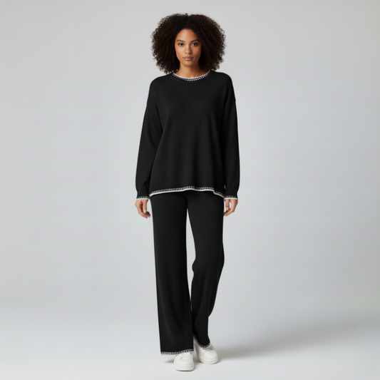 Black knitted co-ord set with white trim