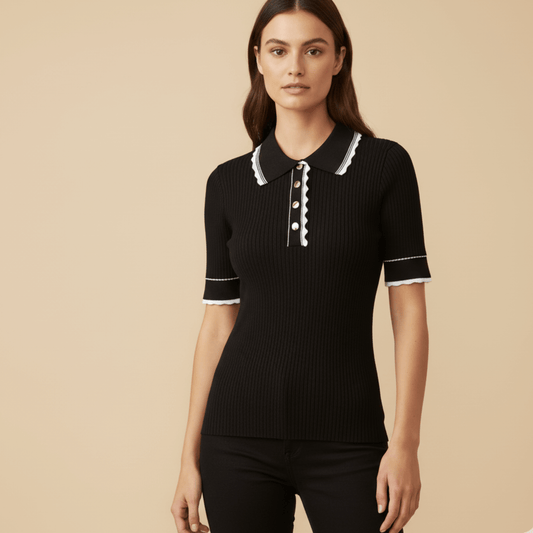 Modern Dynasty Tee Time Black Knit Golf Shirt with white trim and buttons