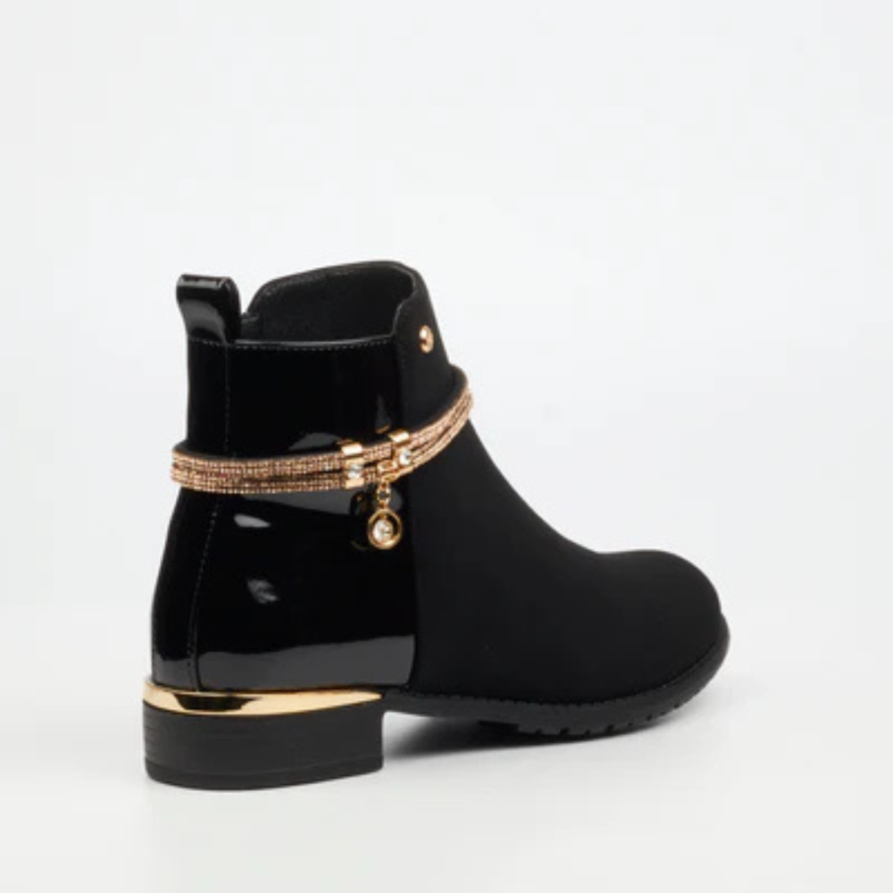 Miss Black low heel ankle boot with zip closure and decorative diamantes