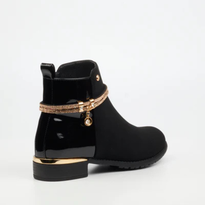 Miss Black low heel ankle boot with zip closure and decorative diamantes