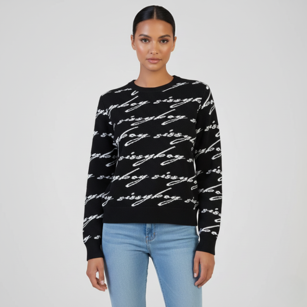 Sissy Boy See Me Knit Sweater black with white script print women’s stylish knitwear