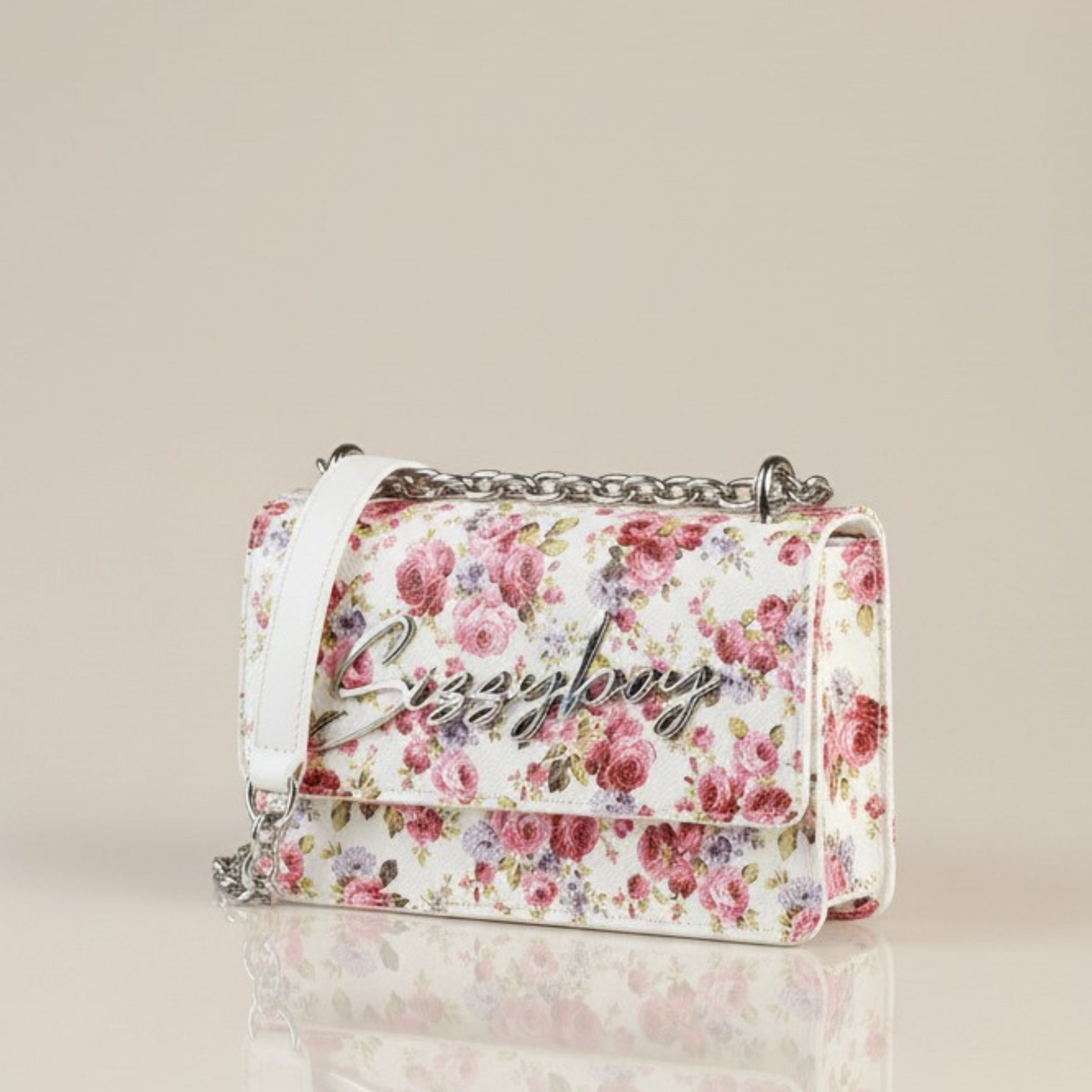 White floral Sissy Boy handbag with chain strap and elegant crossbody design