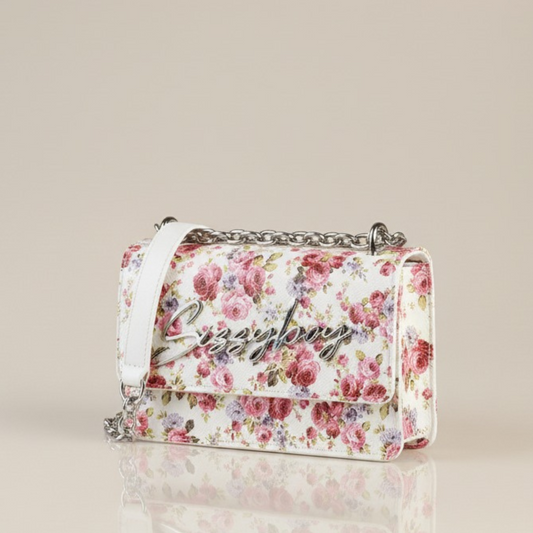 White floral Sissy Boy handbag with chain strap and elegant crossbody design