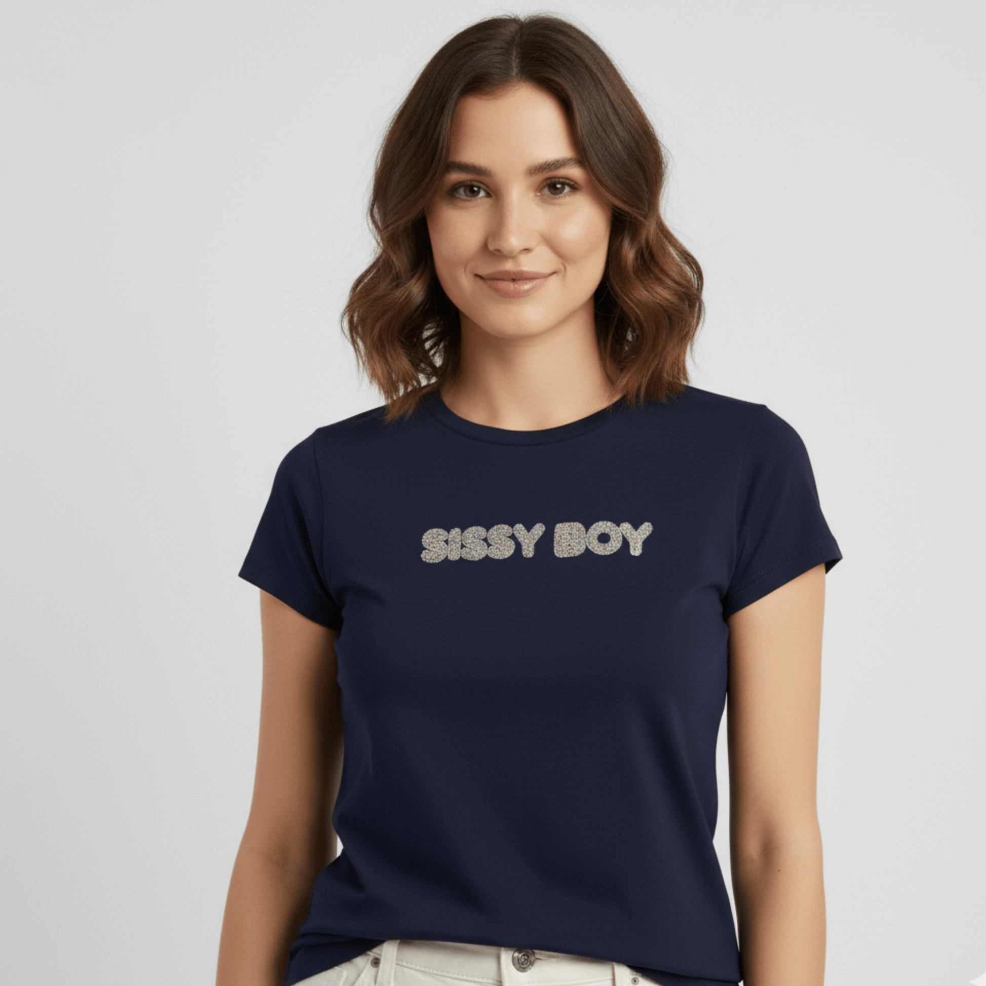 Sissy Boy Wild Heart navy t-shirt with pearl detail, cap sleeves, and shorter length