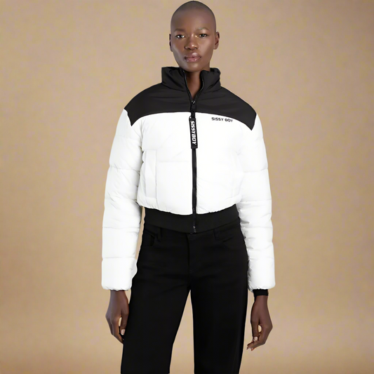 Sissy Boy black and white cropped puffer jacket with bold branding on the chest and zipper, perfect for stylish winter wear.
