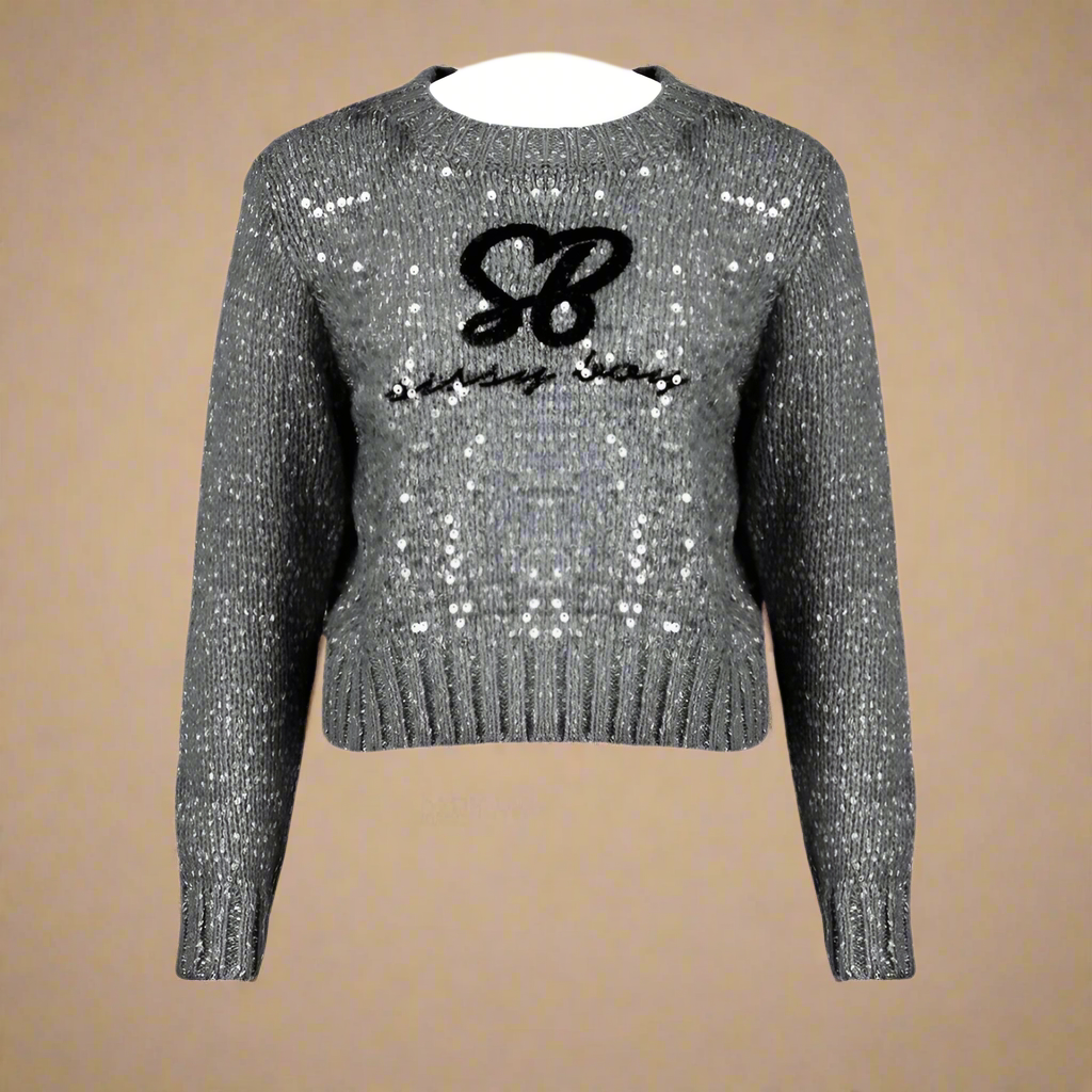 Neutral Babe - Grey Sequin Logo Knit Sweater