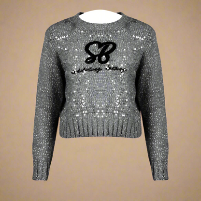 Neutral Babe - Grey Sequin Logo Knit Sweater