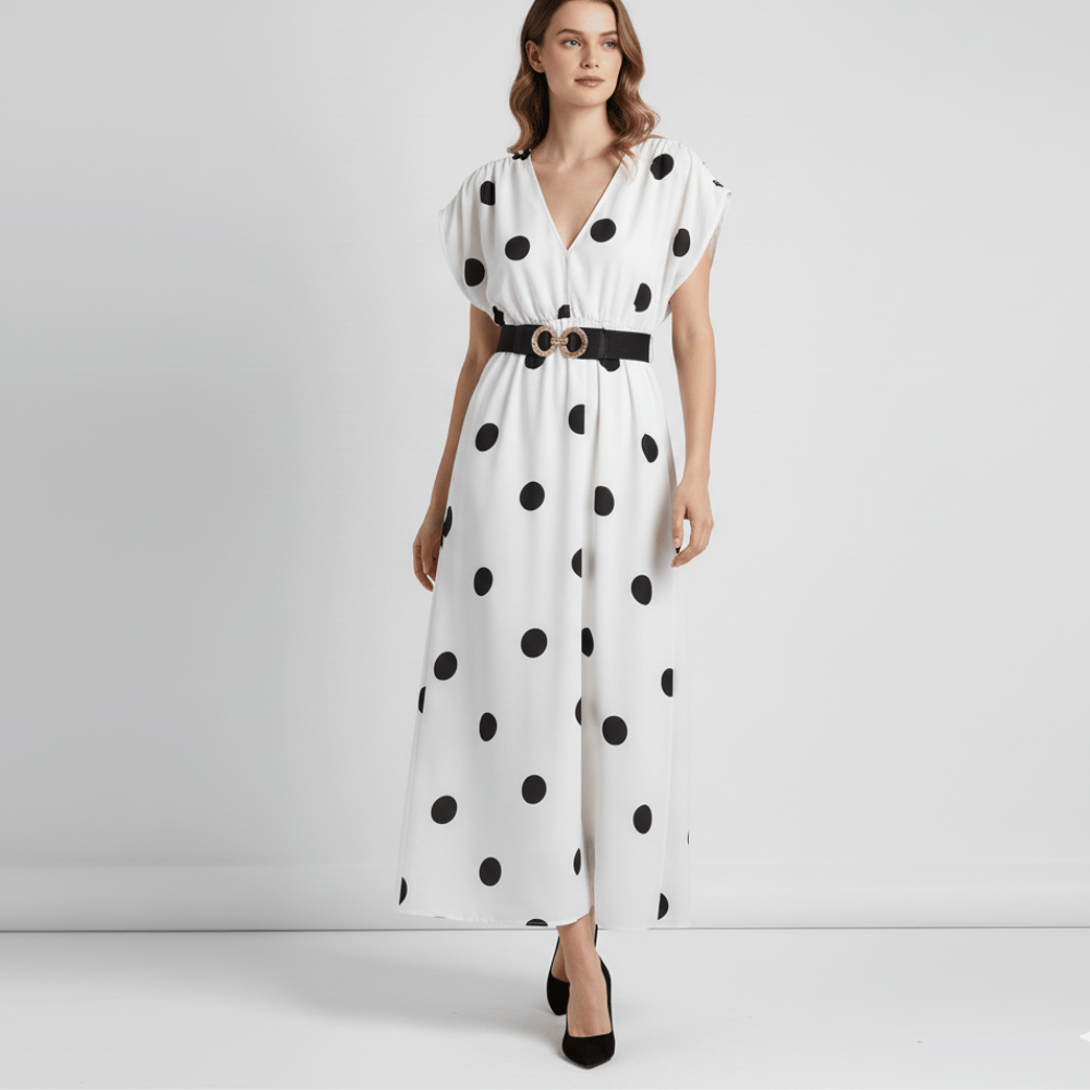 Modern Dynasty black and white polka dot maxi dress.