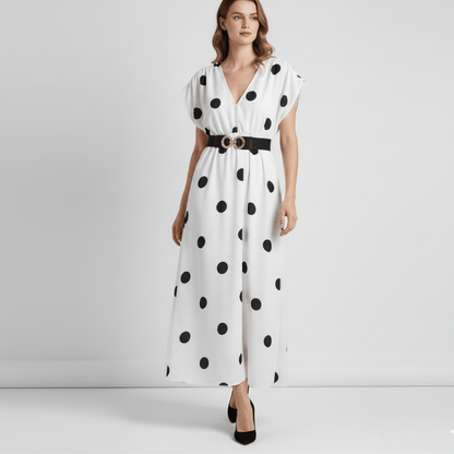 Modern Dynasty black and white polka dot maxi dress.