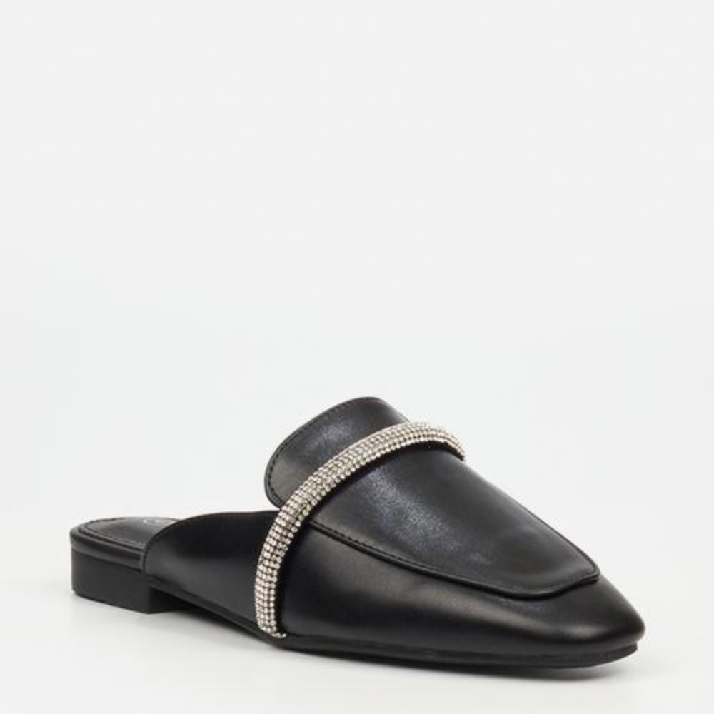 A stylish black slip-on shoe featuring a sparkling rhinestone band.