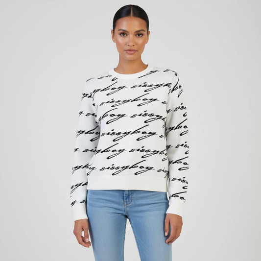 Sissy Boy See Me Knit Sweater white with black script print women’s stylish knitwear