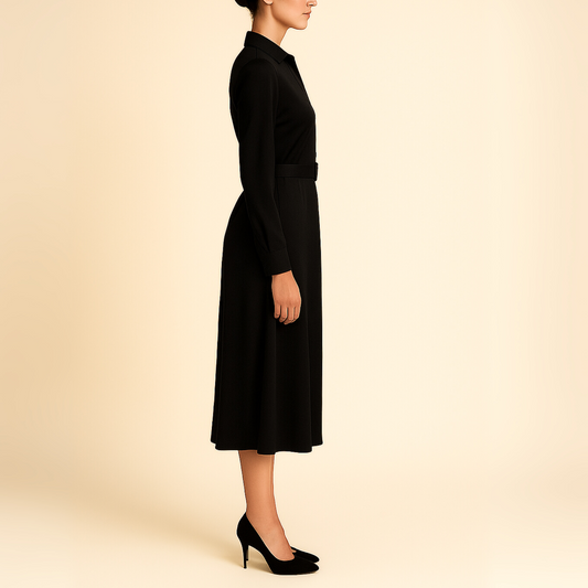 Elegant black midaxi shirt dress with button-down front and waist belt, Modern Dynasty women’s fashion