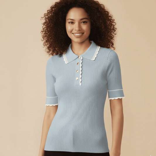 Modern Dynasty Tee Time Powder Blue Knit Golf Shirt with white trim
