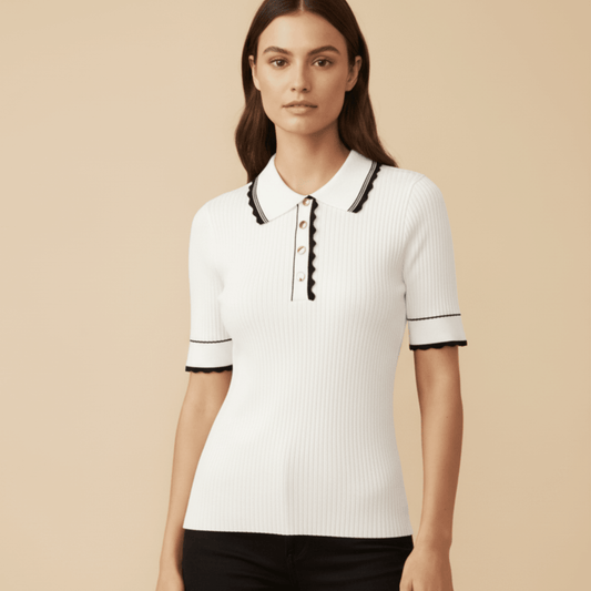 Modern Dynasty Tee Time White Knit Golf Shirt with contrast black trim