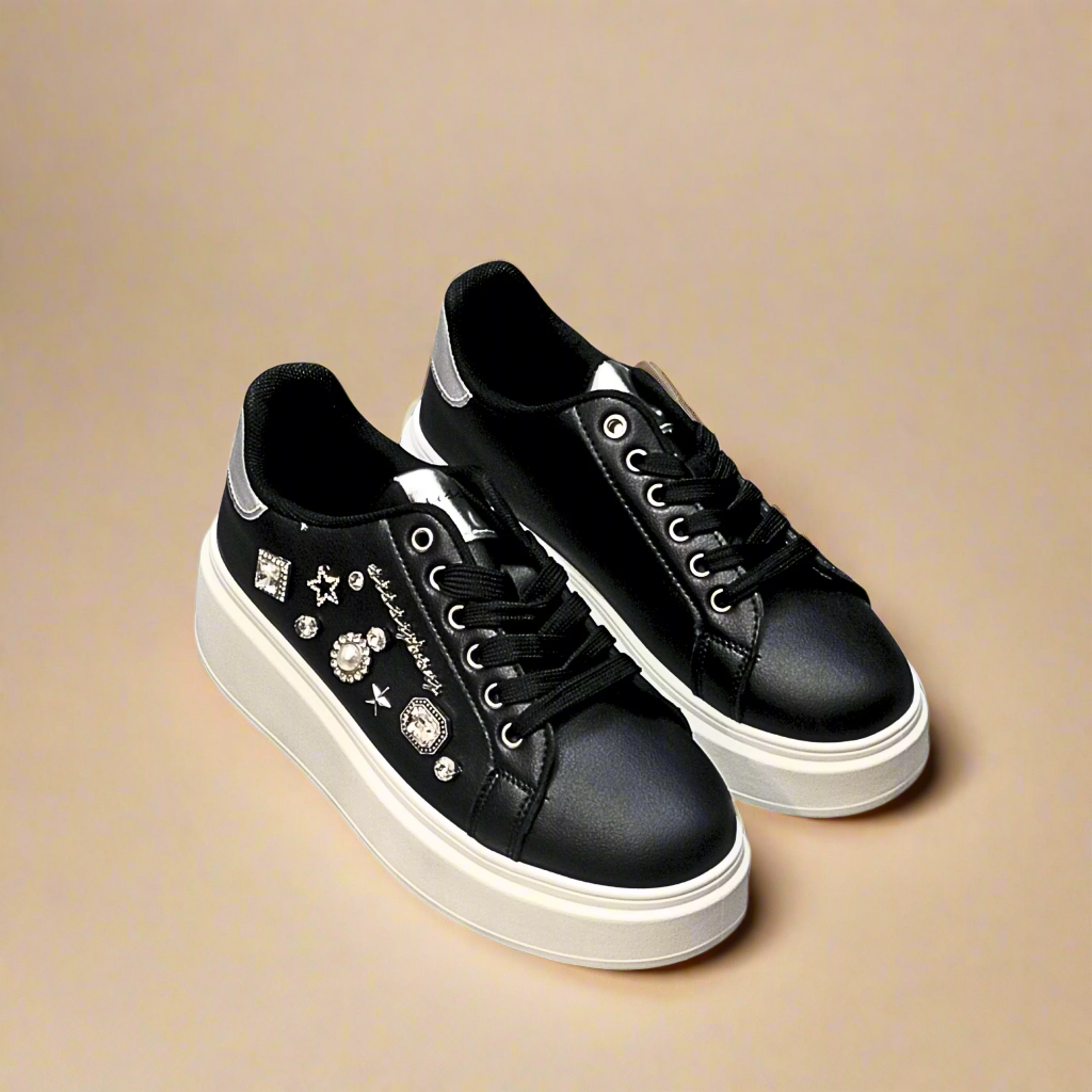 Sissy Boy Gemy women's black  platform sneakers with decorative gems and thick white sole