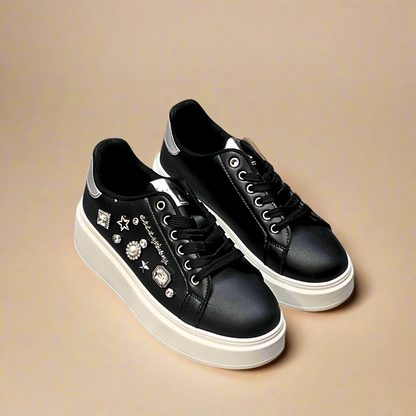 Sissy Boy Gemy women's black  platform sneakers with decorative gems and thick white sole