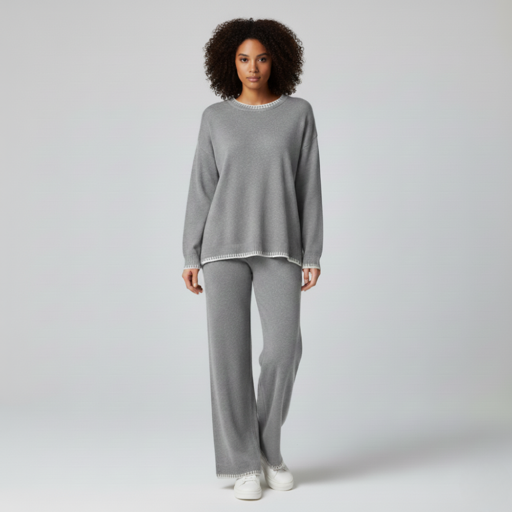 Grey knitted co-ord set with white trim
