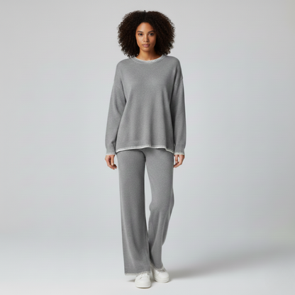 Grey knitted co-ord set with white trim