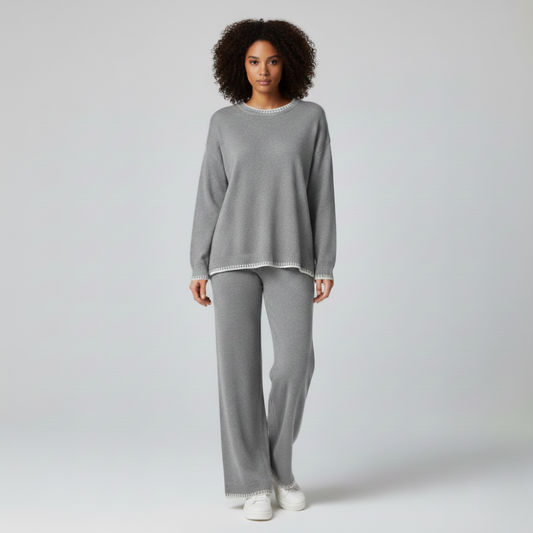 Grey knitted co-ord set with white trim