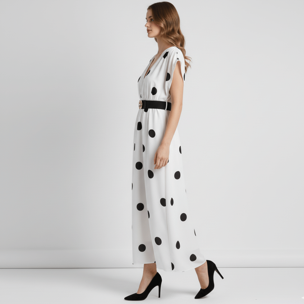 Malia A-line white dress with black polka dot print.
