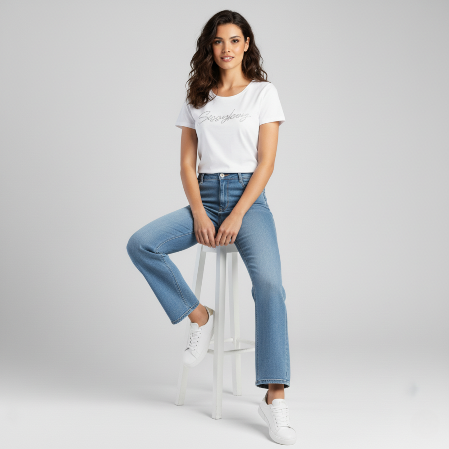 Sissy Boy Samantha High Waist Wide Leg Jeans styled with white t-shirt and sneakers