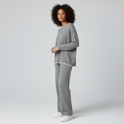 Women’s grey knit lounge set wide leg pants