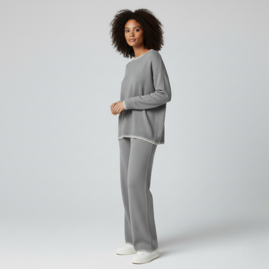 Women’s grey knit lounge set wide leg pants