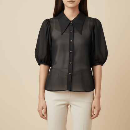 Modern Dynasty Vintage Vogue Black Bubble Sleeve Blouse